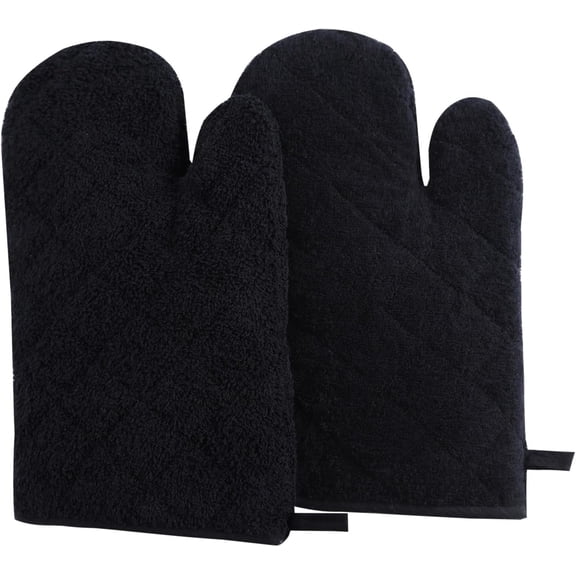 Clwellge 100% Cotton Oven Mitts,Terry Quilted Pattern Kitchen Oven Gloves Set, 2-Pack, Black