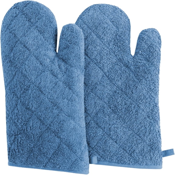 Clwellge 100% Cotton Oven Mitts,Terry Quilted Pattern Kitchen Oven Gloves Set, 2-Pack,  Blue