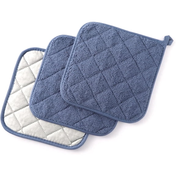 Clwellge 100% Cotton Terry Quilted Pot Holders for Cooking and Baking,3 Piece (French Blue)