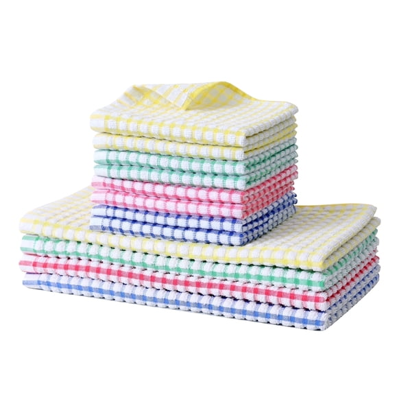 Clwellge 100% Cotton Kitchen Towels and Dishcloths Set,Extra Absorbent Wash Towels and Dish Rags for Drying and Cleaning,12-Pack,Multi-Color