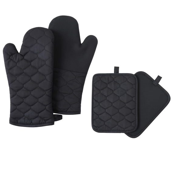 Clwellge 4-Piece Long Oven Mitts and Pot Holders Set:2 Silicone Non-Slip Grip Kitchen Gloves and 2 Cotton Hot Pads with Neoprene-Black