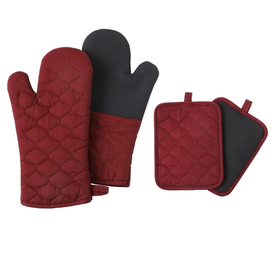 Clwellge 4-Piece Long Oven Mitts and Pot Holders Set:2 Silicone Non-Slip Grip Kitchen Gloves and 2 Cotton Hot Pads with Neoprene for Cooking,Baking,Bbq-Wine Red