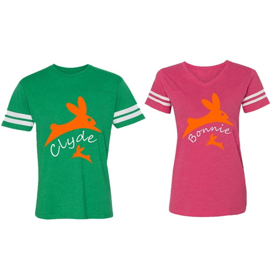 Clyde Bonnie Matching Couple Cotton Jerseys (Men Green / Women Pink) (Men L / Women L)