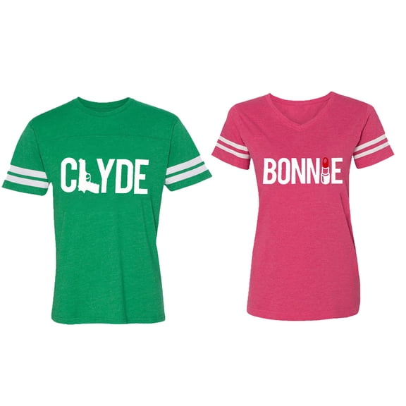 Clyde Bonnie Matching Couple Cotton Jerseys (Men Green / Women Pink) (Men XL / Women XL)