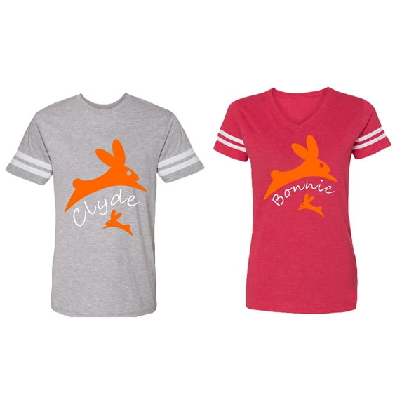Clyde Bonnie Matching Couple Cotton Jerseys (Men Heather / Women Red) (Men S / Women M)