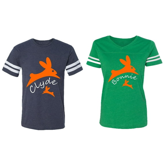 Clyde Bonnie Matching Couple Cotton Jerseys (Men Navy / Women Green) (Men XL / Women L)