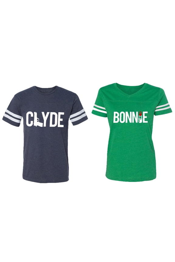 Clyde Bonnie Matching Couple Cotton Jerseys (Men Navy / Women Green) (Men XL / Women XL)
