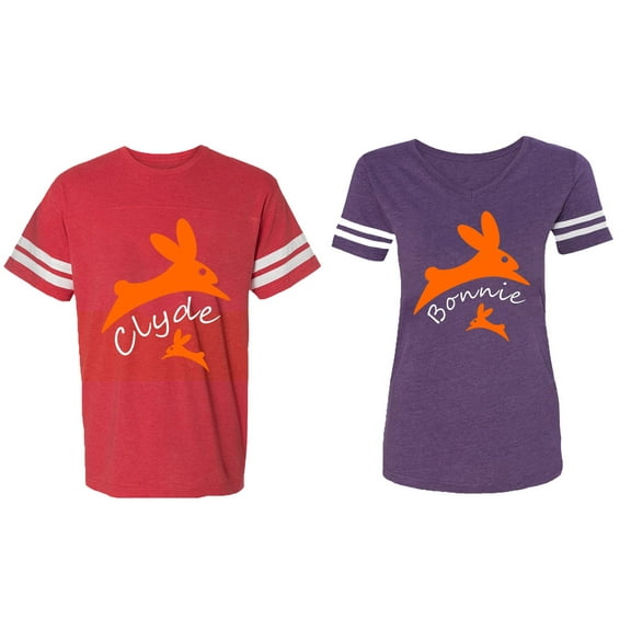Clyde Bonnie Matching Couple Cotton Jerseys (Men Red / Women Purple) (Men XXL / Women XL)