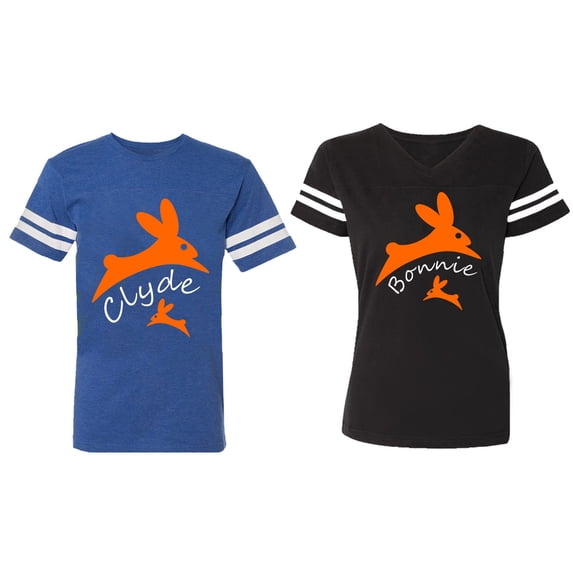 Clyde Bonnie Matching Couple Cotton Jerseys (Men Royal / Women Black) (Men XXL / Women S)