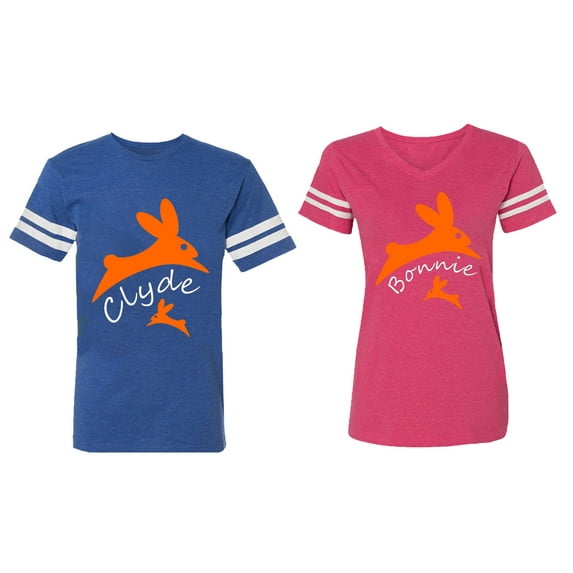 Clyde Bonnie Matching Couple Cotton Jerseys (Men Royal / Women Pink) (Men M / Women L)