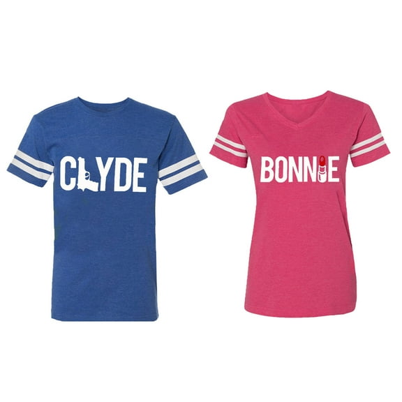Clyde Bonnie Matching Couple Cotton Jerseys (Men Royal / Women Pink) (Men S / Women M)