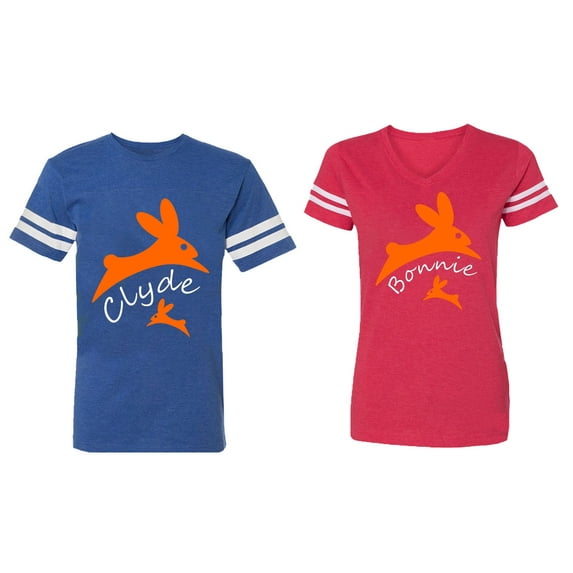 Clyde Bonnie Matching Couple Cotton Jerseys (Men Royal / Women Red) (Men XXL / Women L)