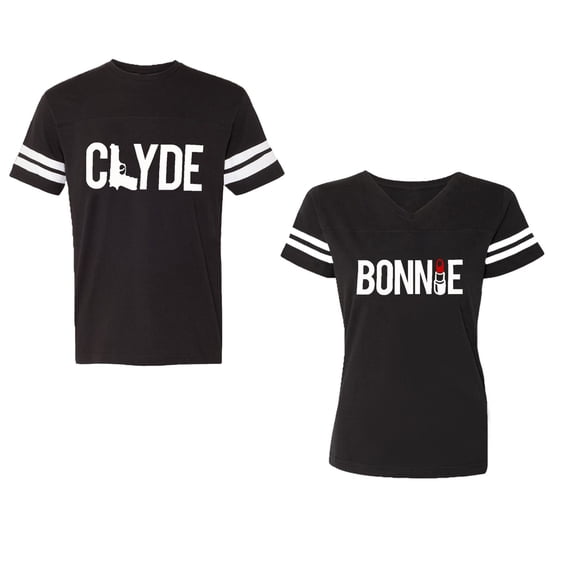 Clyde Bonnie Unisex Couple Matching Cotton Jersey style T-Shirt Contrasting stripes on sleeves (Men Black / Women Black) (Men XXL / Women XL)