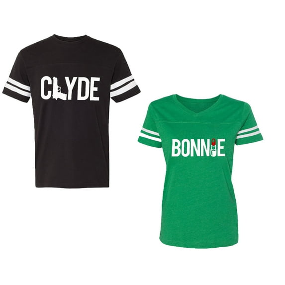 Clyde Bonnie Unisex Couple Matching Cotton Jersey style T-Shirt Contrasting stripes on sleeves (Men Black / Women Green) (Men S / Women S)