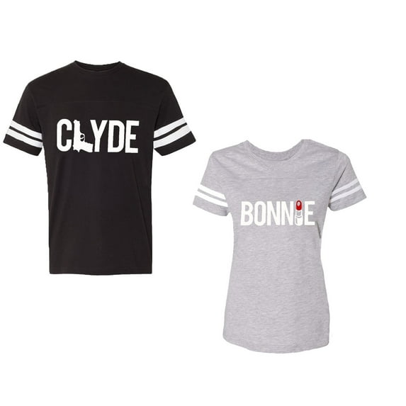 Clyde Bonnie Unisex Couple Matching Cotton Jersey style T-Shirt Contrasting stripes on sleeves (Men Black / Women Heather) (Men M / Women L)