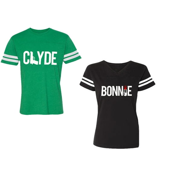 Clyde Bonnie Unisex Couple Matching Cotton Jersey style T-Shirt Contrasting stripes on sleeves (Men Green / Women Black) (Men S / Women S)