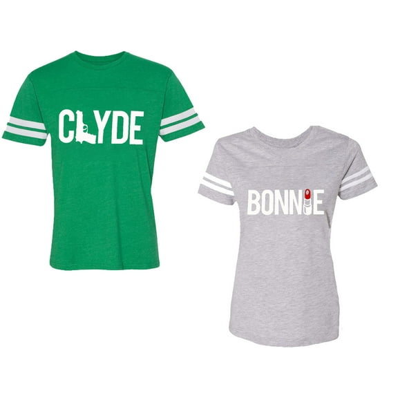 Clyde Bonnie Unisex Couple Matching Cotton Jersey style T-Shirt Contrasting stripes on sleeves (Men Green / Women Heather) (Men L / Women XXL)