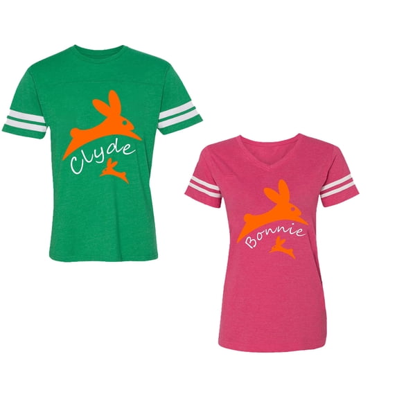 Clyde Bonnie Unisex Couple Matching Cotton Jersey style T-Shirt Contrasting stripes on sleeves (Men Green / Women Pink) (Men XL / Women XXL)
