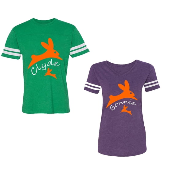 Clyde Bonnie Unisex Couple Matching Cotton Jersey style T-Shirt Contrasting stripes on sleeves (Men Green / Women Purple) (Men M / Women XL)