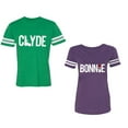 thumbnail image 1 of Clyde Bonnie Unisex Couple Matching Cotton Jersey style T-Shirt Contrasting stripes on sleeves (Men Green / Women Purple) (Men XL / Women L), 1 of 3