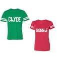 thumbnail image 1 of Clyde Bonnie Unisex Couple Matching Cotton Jersey style T-Shirt Contrasting stripes on sleeves (Men Green / Women Red) (Men M / Women L), 1 of 3