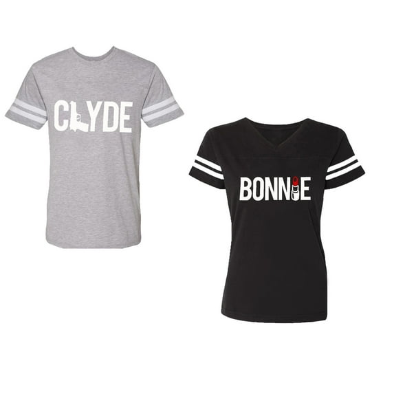 Clyde Bonnie Unisex Couple Matching Cotton Jersey style T-Shirt Contrasting stripes on sleeves (Men Heather / Women Black) (Men S / Women S)