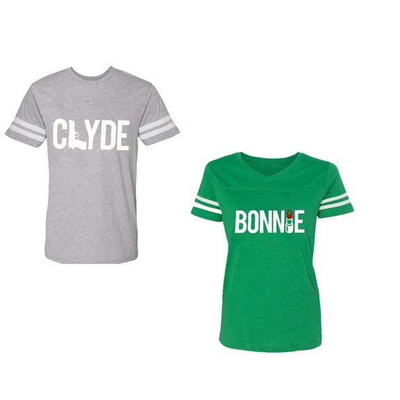 Clyde Bonnie Unisex Couple Matching Cotton Jersey style T-Shirt Contrasting stripes on sleeves (Men Heather / Women Green) (Men XL / Women XXL)