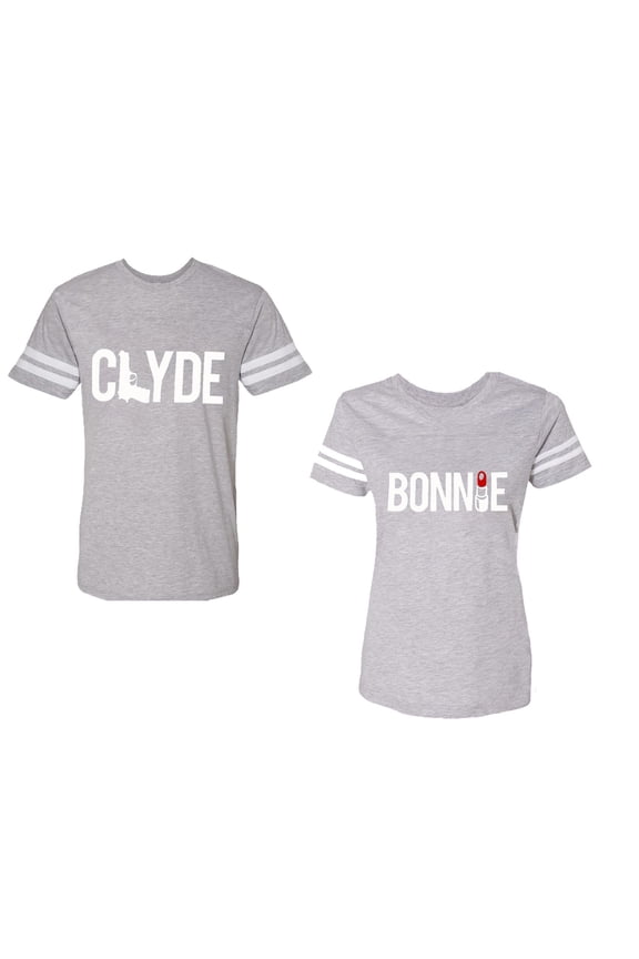 Clyde Bonnie Unisex Couple Matching Cotton Jersey style T-Shirt Contrasting stripes on sleeves (Men Heather / Women Heather) (Men M / Women L)
