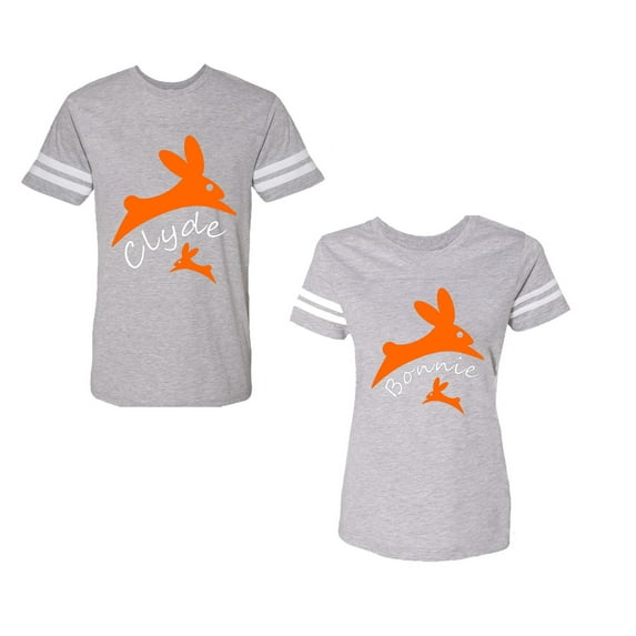 Clyde Bonnie Unisex Couple Matching Cotton Jersey style T-Shirt Contrasting stripes on sleeves (Men Heather / Women Heather) (Men XXL / Women L)