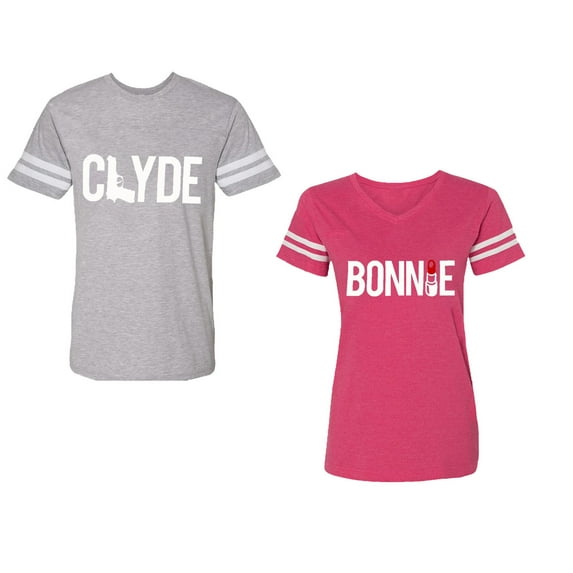 Clyde Bonnie Unisex Couple Matching Cotton Jersey style T-Shirt Contrasting stripes on sleeves (Men Heather / Women Pink) (Men L / Women XXL)