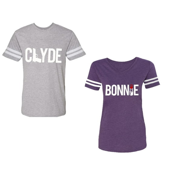 Clyde Bonnie Unisex Couple Matching Cotton Jersey style T-Shirt Contrasting stripes on sleeves (Men Heather / Women Purple) (Men L / Women XXL)