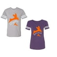 thumbnail image 1 of Clyde Bonnie Unisex Couple Matching Cotton Jersey style T-Shirt Contrasting stripes on sleeves (Men Heather / Women Purple) (Men XL / Women L), 1 of 3