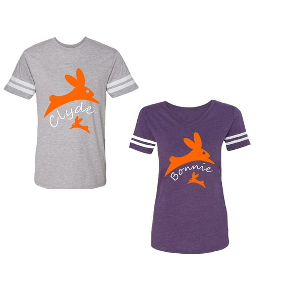 Clyde Bonnie Unisex Couple Matching Cotton Jersey style T-Shirt Contrasting stripes on sleeves (Men Heather / Women Purple) (Men XL / Women L)