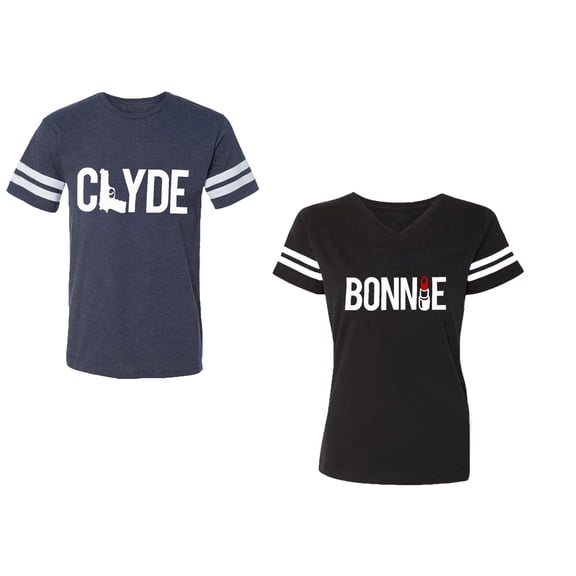 Clyde Bonnie Unisex Couple Matching Cotton Jersey style T-Shirt Contrasting stripes on sleeves (Men Navy / Women Black) (Men S / Women XXL)