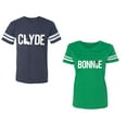 thumbnail image 1 of Clyde Bonnie Unisex Couple Matching Cotton Jersey style T-Shirt Contrasting stripes on sleeves (Men Navy / Women Green) (Men L / Women S), 1 of 3