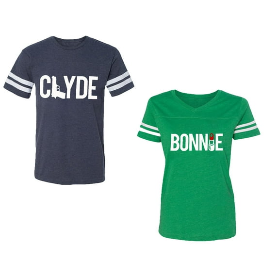 Clyde Bonnie Unisex Couple Matching Cotton Jersey style T-Shirt Contrasting stripes on sleeves (Men Navy / Women Green) (Men L / Women S)