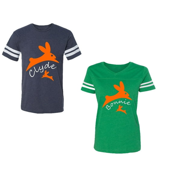 Clyde Bonnie Unisex Couple Matching Cotton Jersey style T-Shirt Contrasting stripes on sleeves (Men Navy / Women Green) (Men S / Women S)