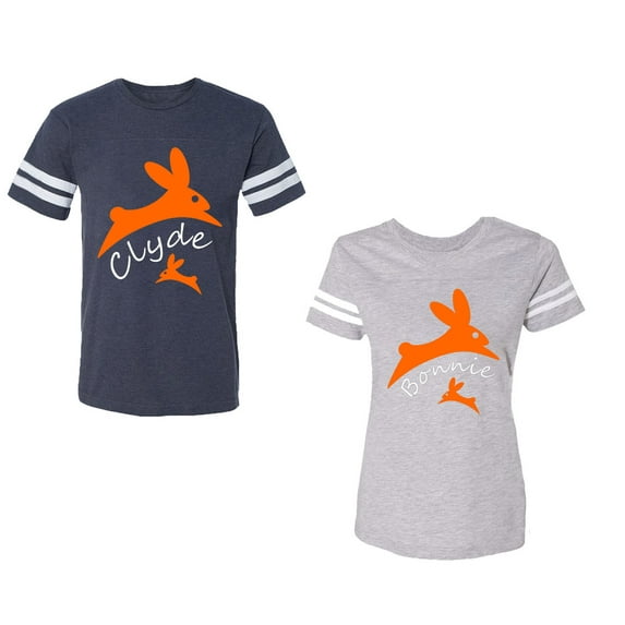 Clyde Bonnie Unisex Couple Matching Cotton Jersey style T-Shirt Contrasting stripes on sleeves (Men Navy / Women Heather) (Men XXL / Women XXL)