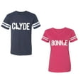 thumbnail image 1 of Clyde Bonnie Unisex Couple Matching Cotton Jersey style T-Shirt Contrasting stripes on sleeves (Men Navy / Women Pink) (Men M / Women S), 1 of 3