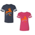 thumbnail image 1 of Clyde Bonnie Unisex Couple Matching Cotton Jersey style T-Shirt Contrasting stripes on sleeves (Men Navy / Women Pink) (Men S / Women L), 1 of 3