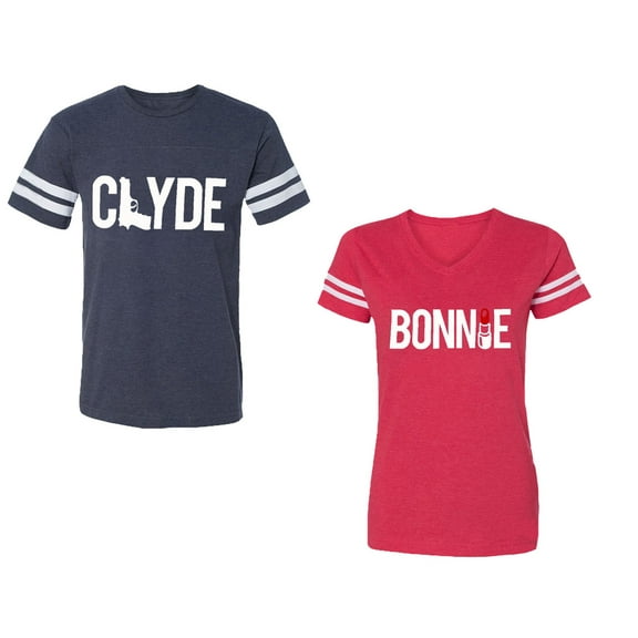 Clyde Bonnie Unisex Couple Matching Cotton Jersey style T-Shirt Contrasting stripes on sleeves (Men Navy / Women Red) (Men XXL / Women S)
