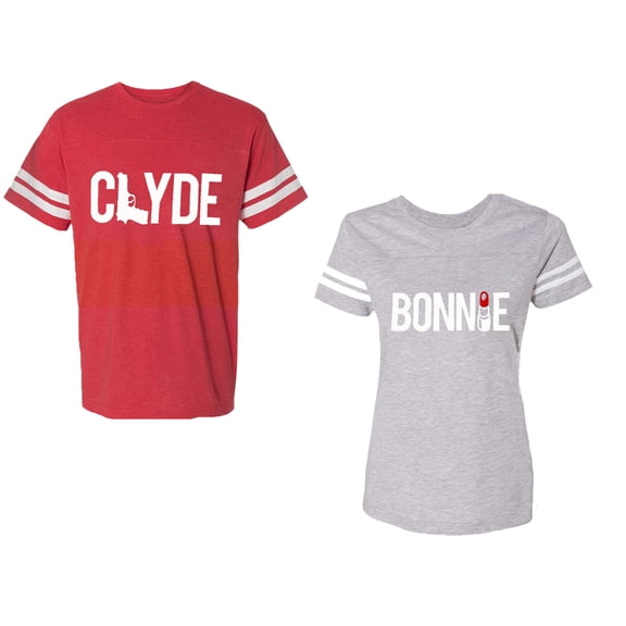 Clyde Bonnie Unisex Couple Matching Cotton Jersey style T-Shirt Contrasting stripes on sleeves (Men Red / Women Heather) (Men XL / Women S)