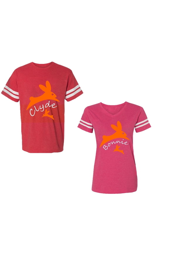 Clyde Bonnie Unisex Couple Matching Cotton Jersey style T-Shirt Contrasting stripes on sleeves (Men Red / Women Pink) (Men L / Women L)