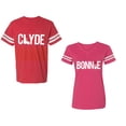thumbnail image 1 of Clyde Bonnie Unisex Couple Matching Cotton Jersey style T-Shirt Contrasting stripes on sleeves (Men Red / Women Pink) (Men XXL / Women L), 1 of 3
