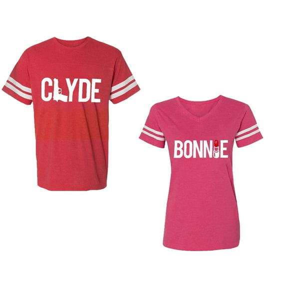 Clyde Bonnie Unisex Couple Matching Cotton Jersey style T-Shirt Contrasting stripes on sleeves (Men Red / Women Pink) (Men XXL / Women M)