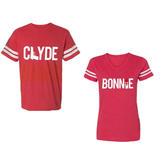 Clyde Bonnie Unisex Couple Matching Cotton Jersey style T-Shirt Contrasting stripes on sleeves (Men Red / Women Red) (Men L / Women XXL)
