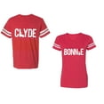 thumbnail image 1 of Clyde Bonnie Unisex Couple Matching Cotton Jersey style T-Shirt Contrasting stripes on sleeves (Men Red / Women Red) (Men M / Women S), 1 of 3