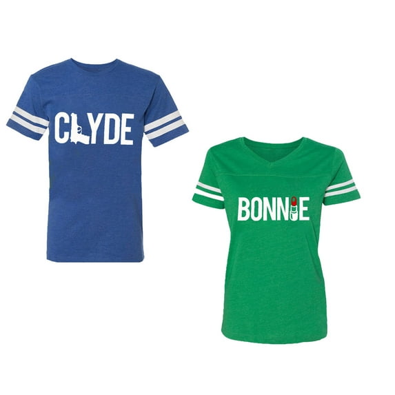 Clyde Bonnie Unisex Couple Matching Cotton Jersey style T-Shirt Contrasting stripes on sleeves (Men Royal / Women Green) (Men XXL / Women S)