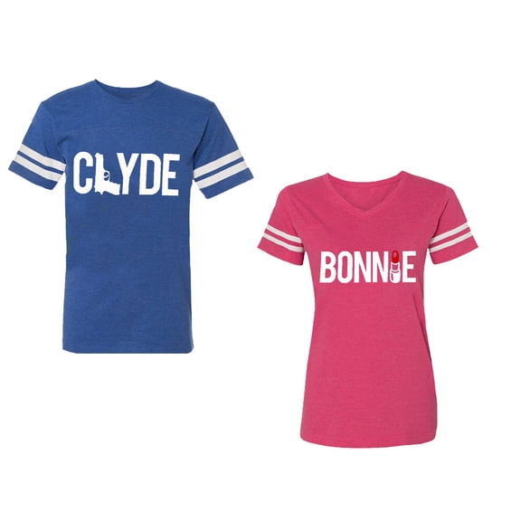 Clyde Bonnie Unisex Couple Matching Cotton Jersey style T-Shirt Contrasting stripes on sleeves (Men Royal / Women Pink) (Men XXL / Women XL)