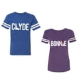 thumbnail image 1 of Clyde Bonnie Unisex Couple Matching Cotton Jersey style T-Shirt Contrasting stripes on sleeves (Men Royal / Women Purple) (Men L / Women M), 1 of 3